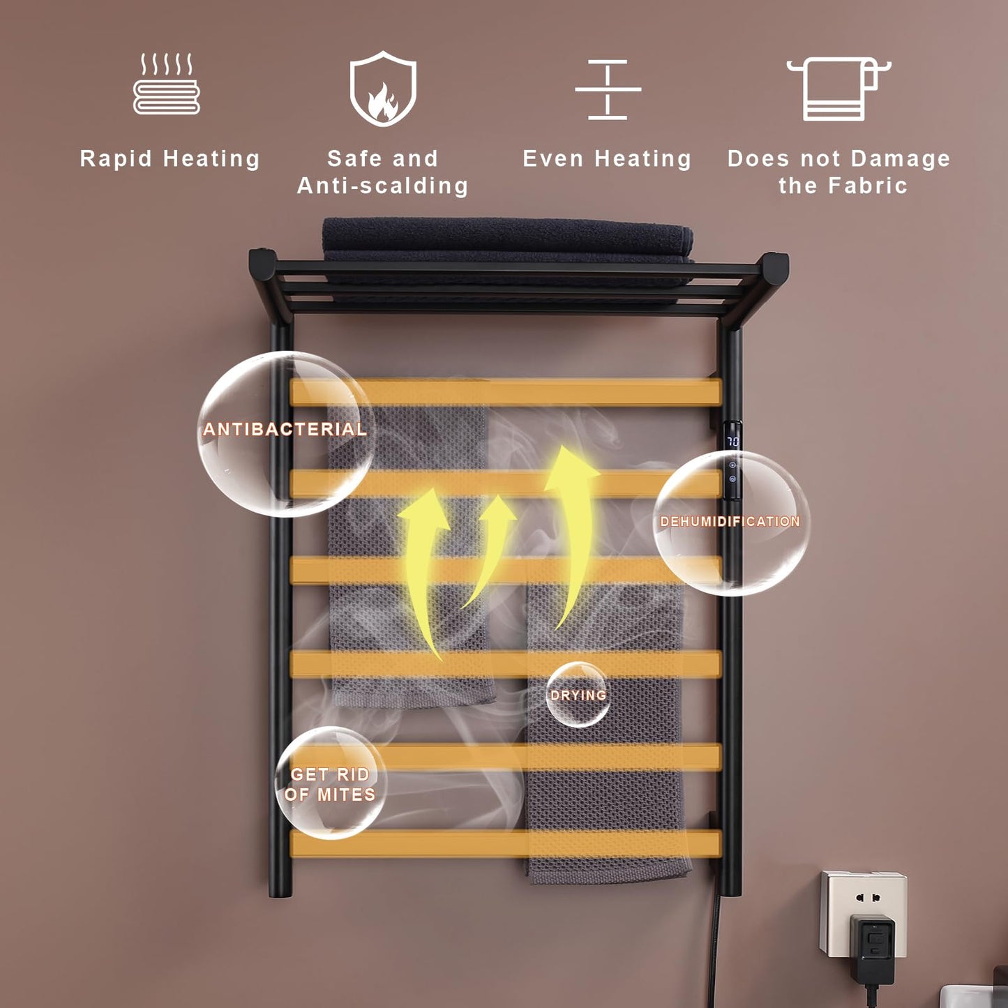 OihPaw Sèche-serviette électrique WiFi Intelligent 76 W Porte-Serviettes Chauffant Électrique Commande Vocale 62x50 cm Radiateur de Salle de Bain avec Support de Rangement Pliable