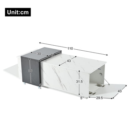 Table basse,Table de salon, aspect marbre blanc, table basse mobile en marbre noir, deux portes de placard, avec charnières amortissantes, avec espace de rangement, table basse de 110 x 50 x 40 cm