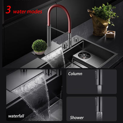 Robinet de Cuisine Cascade Rouge avec Pulvérisateur Escamotable 3 Fonctions de Pulvérisation, Mitigeur Cuisine Chaud Et Froid Avec Rotation À 360°, Acier Inoxydable SUS304