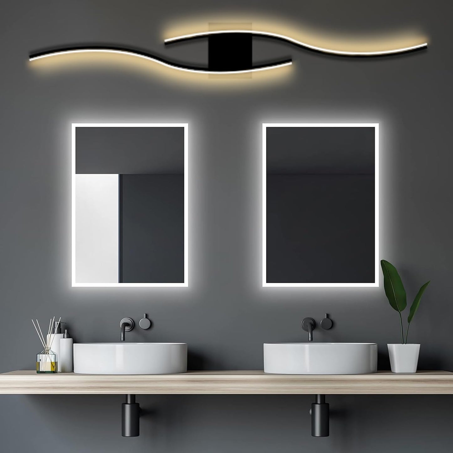 Applique Murale Interieur LED,18W Appliques Murales Interieur LED,3000K Blanc Chaud Lampe Murale Aluminium,60cm Moderne Noir Vague Design Lampe pour Salon Couloir Chambre Escalier Cuisine Hôtel