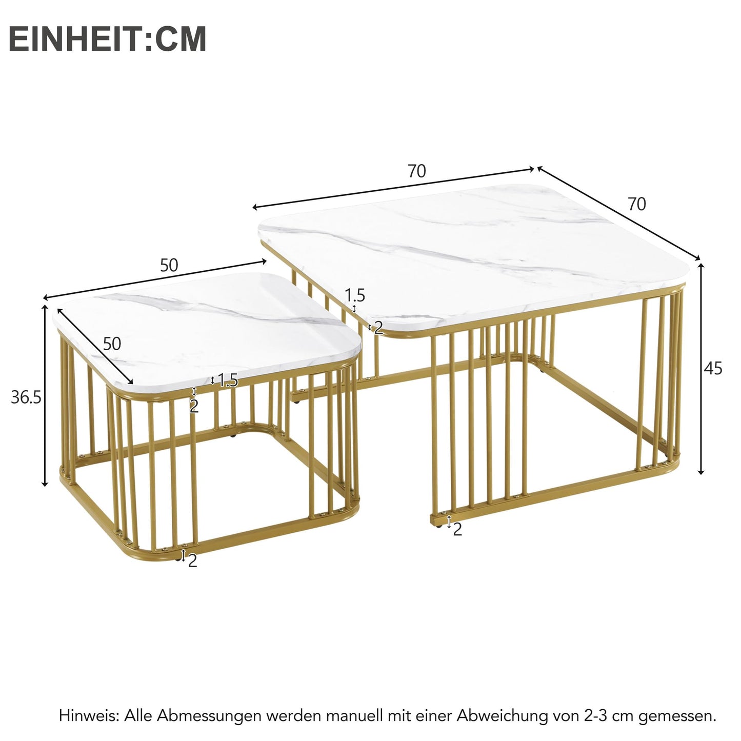 Lot de 2 Tables Basses Gigognes Carré, Tables Basse Empilable Aspect Marbre, Table Basse Salon Chambre avec Cadre en Métal, Polyvalent Tables Bassee pour Bureau, Appartement