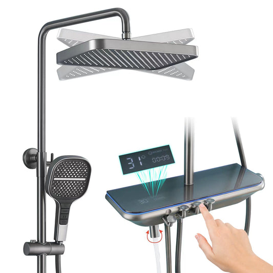 Colonne de Douche Thermostatique, Système de Douche Mural Piano Key avec Affichage numérique LED, Pommeau de Douche 33x22cm avec douchette, Robinet de Bain et douchette de Bidet（Gris）