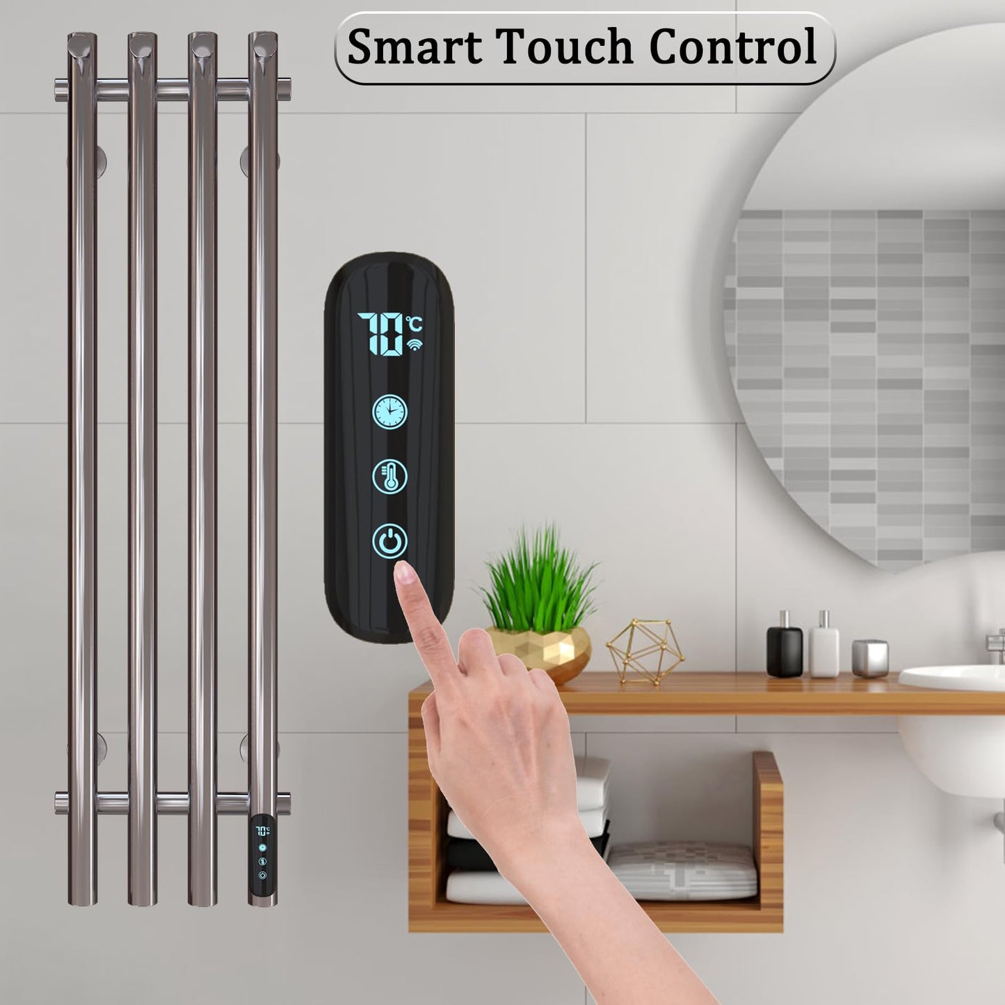 Sèche-Serviette Électrique Chrome, 100 W Chauffe-Serviettes 950 x 257 mm WiFi Intelligent Porte-Serviettes Chauffant Électrique Commande Tactile à LED Radiateur de Salle de Bain avec 8 Crochets