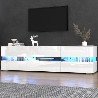 Meuble TV Blanc Brillant 160 cm Banc TV Moderne avec Éclairage LED, 2 Portes, 1 Tiroir, Compartiment Ouvert, pour Téléviseur 70 Pouces, Insert en Verre Acrylique et Ouverture à Pression, Meuble Salon
