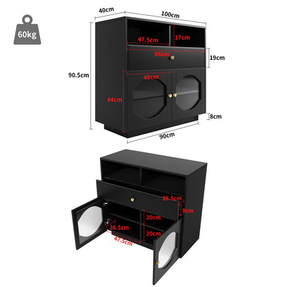 Peiaw Buffet, Meuble de Cuisine, Meuble de Rangement,Buffet Noir Moderne, Commode,Compartiment de Rangement Ouvert,Buffet avec Porte vitrée,Buffet avec 2 Portes et 1 tiroir,100×40×90.5cm