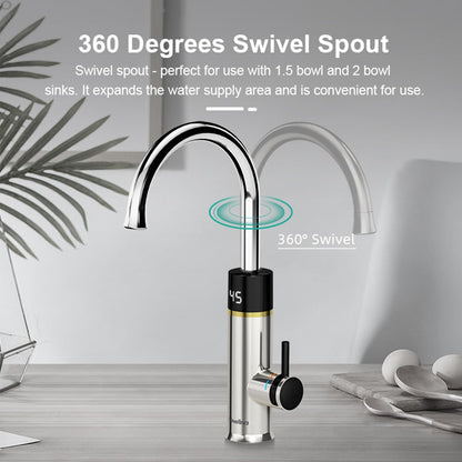 Robinet avec chauffe-eau instantané, 3200 W, robinet de chauffage électrique en acier inoxydable, robinet pivotant à 360°, affichage de la température LCD, mitigeur avec chauffe-eau instantané