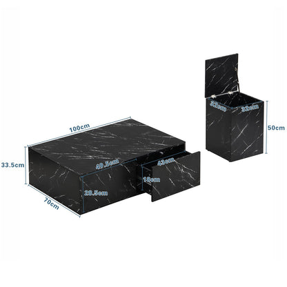 Table basse,Table d'appoint de canapé,Lot de 2 tables basses modernes noires,Table basse carrée avec tiroirs,Table basse motif marbre,Table basse modulable,Table basse 100x33,5x70cm et 32x32x50cm