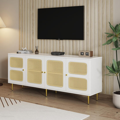 Meuble TV Blanc Banc TV en Rotin avec 4 Portes en Rotin,pour Téléviseurs Jusqu'à 80 pouces,180x40x72cm, Meubles TV élégants pour Salon Chambre,étagères réglables en Hauteur, Grand Espace de Rangement