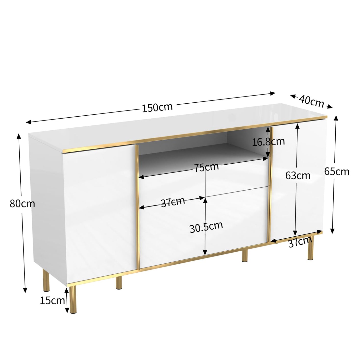 Peiaw Buffet,bahut Salon,Buffet avec 4 Portes et 2 tiroirs,Buffet avec éclairage LED,Meuble Chambre,Meuble Rangement Cuisine 150 x 40 x 80 cm,Commode de Style Moderne,Buffet avec Rangement Ouvert