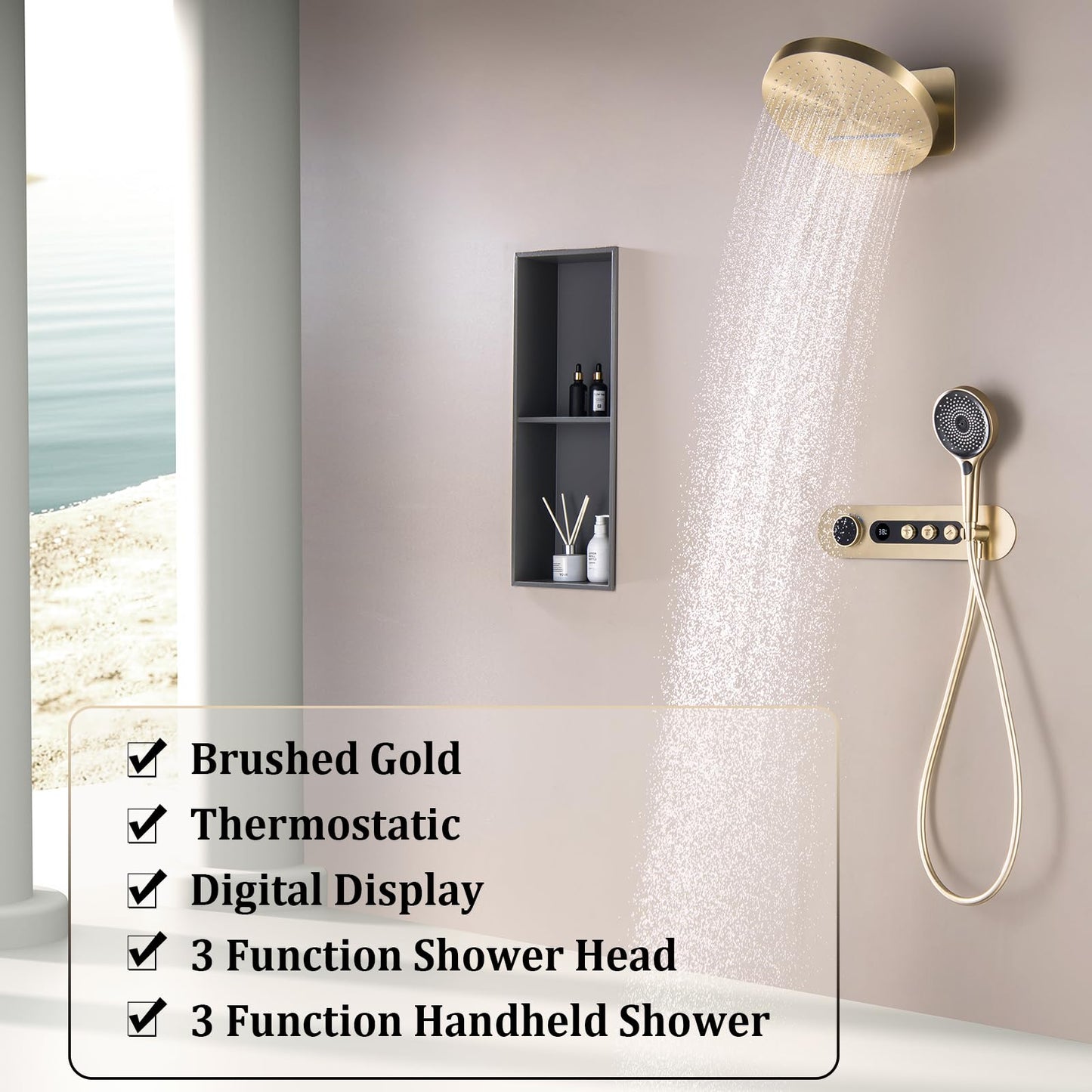 Colonne de Douche Thermostatique, Or Brossé Colonne Douche Encastrable Affichage Numérique Ensemble de Douche Mural Kit de Douche avec Pommeau de Douche et Douchette