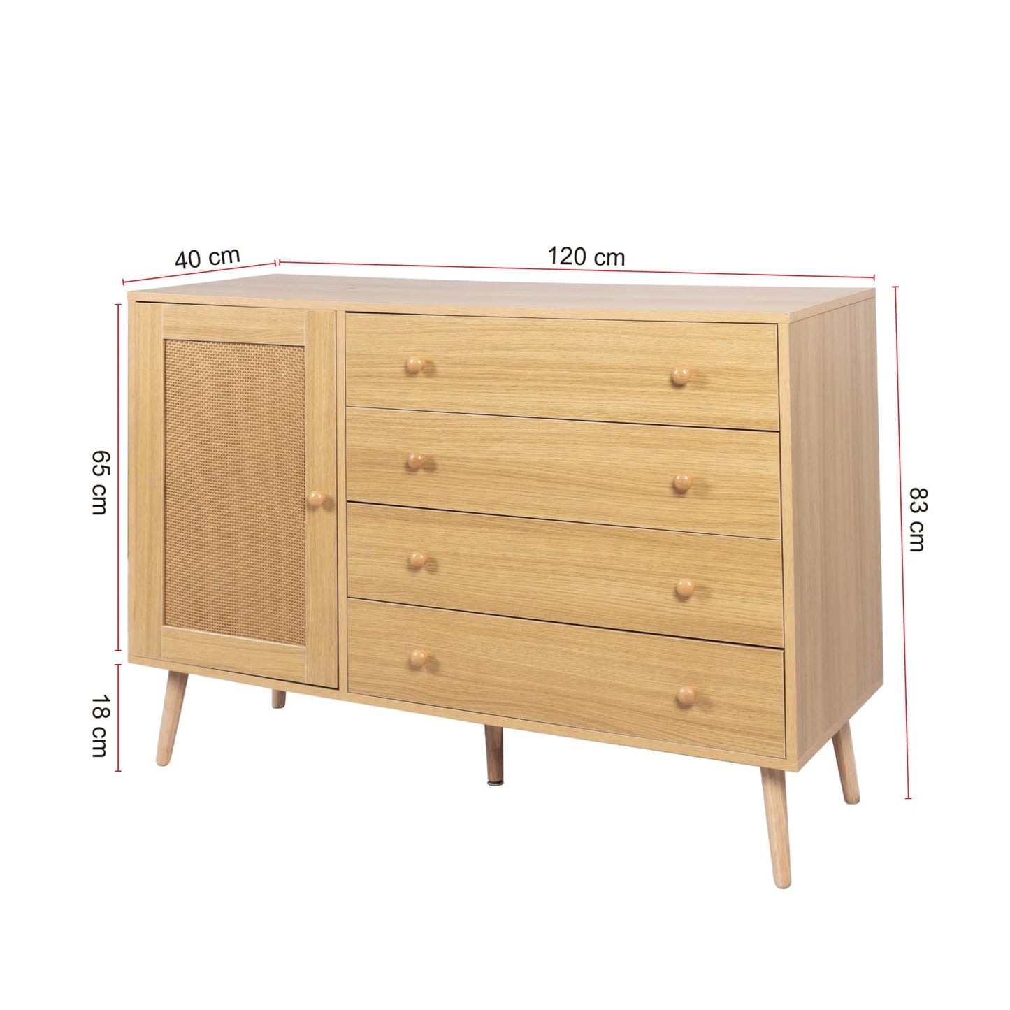 Buffet,meuble de rangement cuisine,Buffet en bois, meuble de rangement multifonctionnel,buffet bas,Commode avec 4 tiroirs et 1 porte en rotin, buffet avec grand espace de rangement 120 x 40 x 83 cm