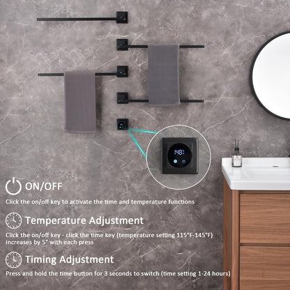 Sèche-Serviettes Électrique avec 4 Barres Porte-Serviettes électrique Noir à 180°, 75W 51 * 70cm Mural Chauffe-Serviettes Intelligent, écran LED, contrôle Tactile