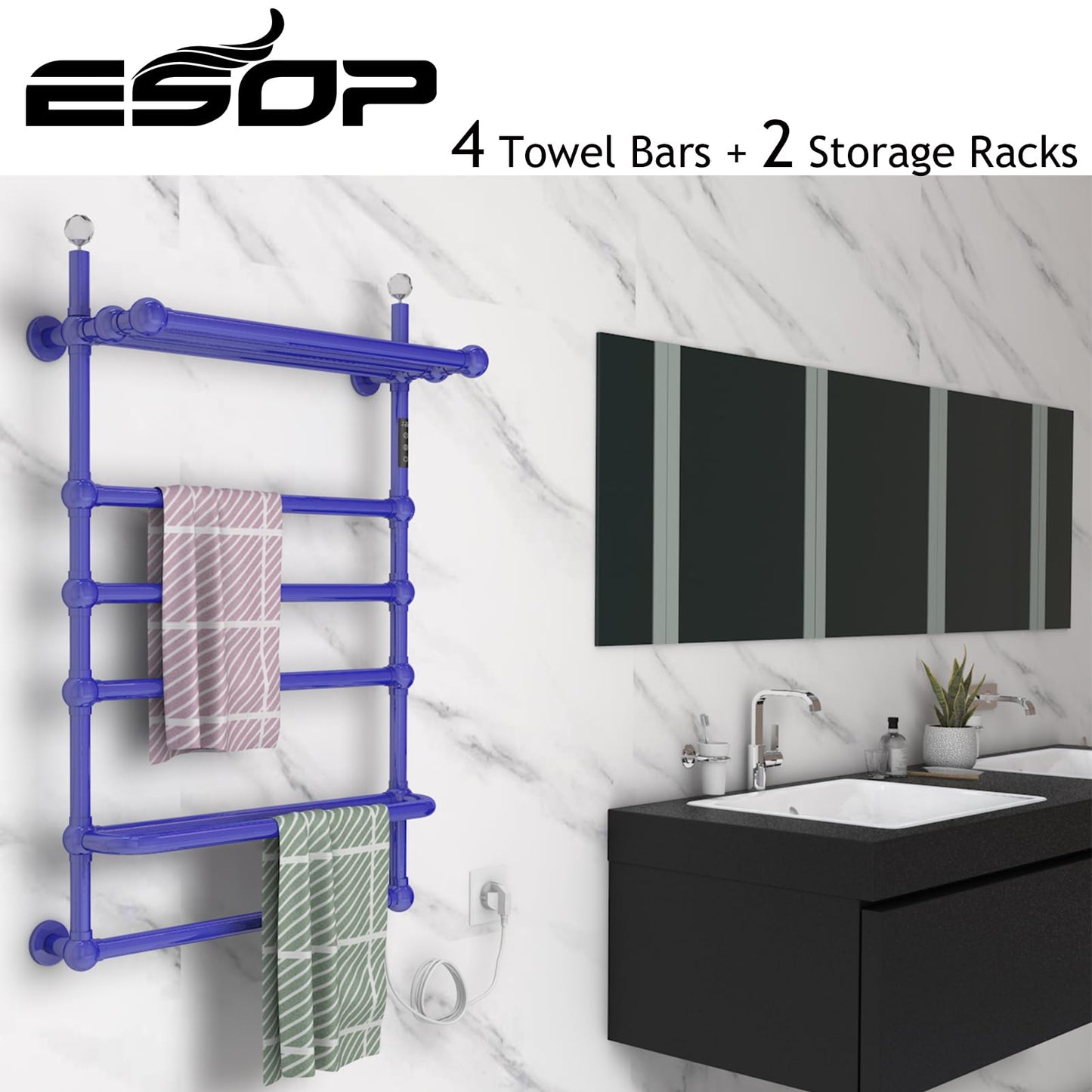 Sèche Serviettes Électrique Mural 80W, 850 * 600mm WiFi Chauffe-Serviettes Électrique, Intelligent Radiateur Porte-Serviettes Chauffant Électrique de Salle Bain avec Minuterie et Shelf, Blue