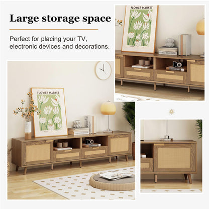 Meuble TV 200cm, Armoire De Télévision Rotin Tressé, Meuble Télé de Salon Pieds D'armoire Réglables, Table Télévision Convient Aux Téléviseurs de 90 Pouces, 2 Portes, 2 Tiroirs et 2 Étagères Ouvertes