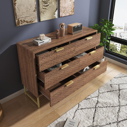 Kommode, Sideboard, Küchen Schrank, Mehrzweckschrank 6 Schubladen mit Griffen, Kippsicher, Höhenverstellbar, Geeignet für Wohnzimmer, Schlafzimmer, Esszimmer, 120 x 75 x 40 cm (B/H/T), Walnussfarbe