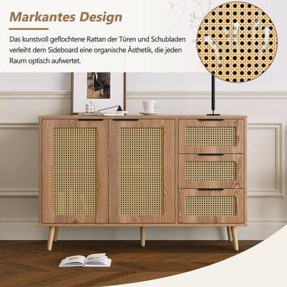 Meuble de Rangement, Buffet de Cuisine avec 2 Portes et 3 Tiroirs, Armoire de Salon Conception de Tissage en Rotin, Étagère Rangement Étagères Réglables, Poignée en Métal Peint, 120x38x78cm