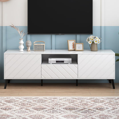 170cm Meuble TV Blanc pour TV 70 pouces, Moderne et Simple Banc TV avec 2 Portes et 1 Tiroir, Séparateurs Internes Réglables, Pieds en Métal Robustes avec Coussinets Souples, Facile à Assembler
