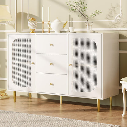 Sideboard, Kommode, Küchenschrank Rattan-Schranktür, Mehrzweckschrank mit 2 Türen und 3 Schubladen, Schubladenschrank Kippschutz, Aufbewahrungsschrank Kratzfeste Oberfläche, 120 x 90 x 40 cm (B/H/T)