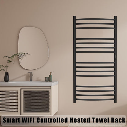 Sèche-Serviette Électrique Noir,185 W Chauffe-Serviettes 1100×600 mm WiFi Intelligent Porte-Serviettes Chauffant Électrique 15 Barres Courbes Commande Tactile à LED