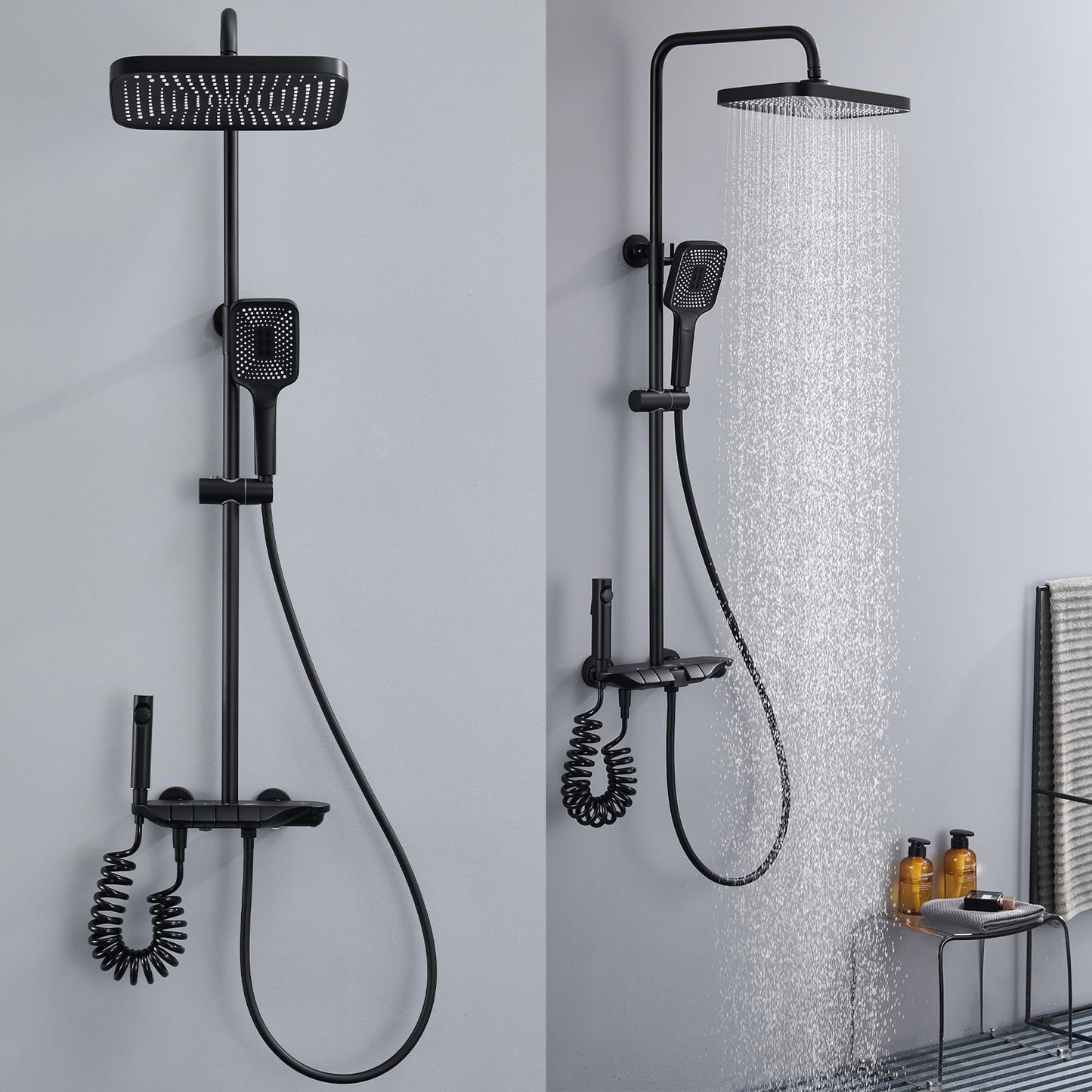 Noir Colonne de Douche Thermostatique, Système de Douche Piano Mural Ensemble de Douche Réglable en Hauteur Set de Douche avec Mitigeur,3 Modes Douchette,12 Pouces Douche de Tête