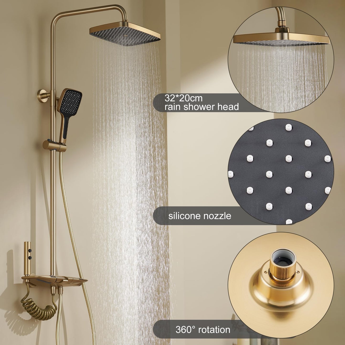 Colonne de Douche Thermostatique, Système de Douche avec Affichage Numérique LED Ensemble de Douche avec 32 * 20CM Pomme de Douche e Douchette à 3 Modes, Bec Baignoire, Bidet Douche (Gris Pistolet)