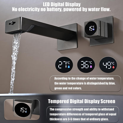 Mitigeur Lavabo Affichage Numérique LED Robinet Lavabo Gris Pistolet Robinet Cascade Mural Robinet Salle de Bain 3 Fonctions Mitigeur Salle de Bain avec Boîte Intégrée