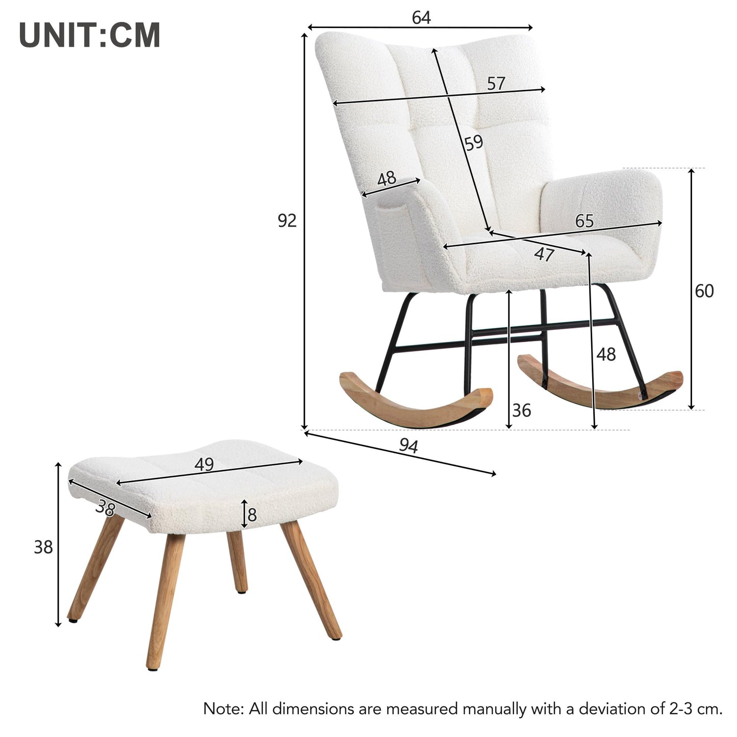 Blanc Fauteuil Chambre, Rocking Chair avec Artisanat en Tissu, Rocking Chair Hauteur 92cm, Largeur D'assise 65 cm avec Repose-Pieds (49*38*38 cm), Fauteuil Dascule Approprié Coucher, Salon