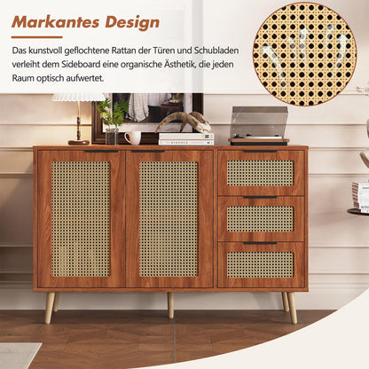 Meuble de Rangement, Buffet de Cuisine avec 2 Portes et 3 Tiroirs, Armoire de Salon Conception de Tissage en Rotin, Étagère Rangement Étagères Réglables, Poignée en Métal Peint, 120x38x78cm