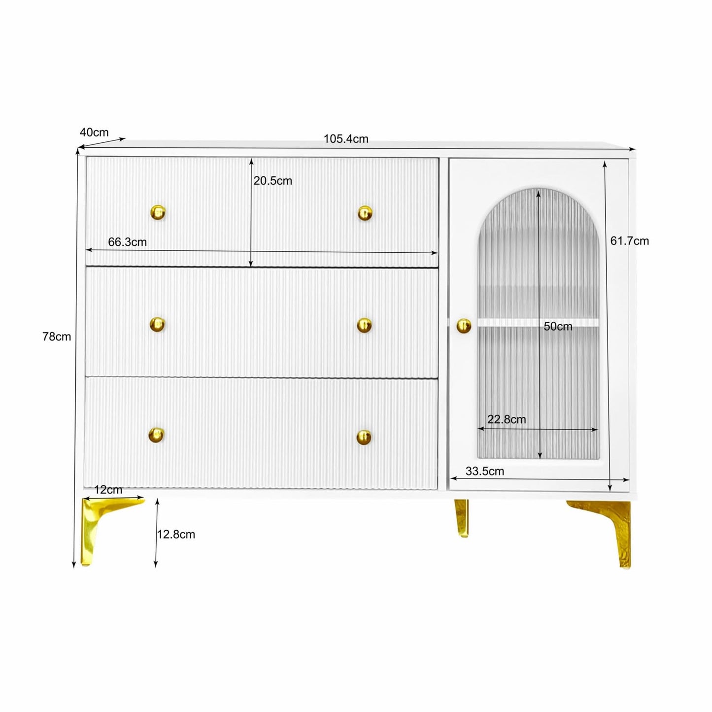 Buffet,Meuble de Cuisine Rangement, Blanc Commode, 105.5 x 40 x 78 cm,Buffet Salon avec 1 Portes Vitrées 3 Tiroirs,Convient aux Chambres, Bureaux, salles de Classe et balcons