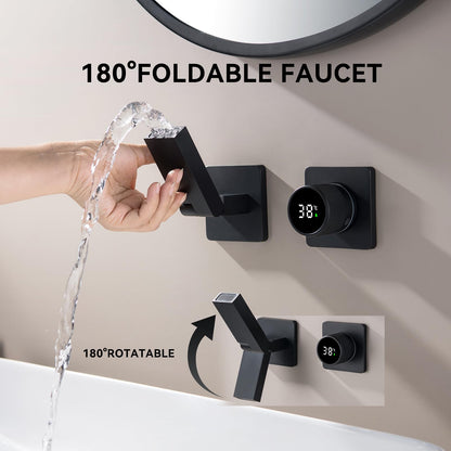 Robinet De Salle De Bain Avec Affichage Numérique LED, Robinet Lavabo Mural Pliable À 180° Mitigeur De Lavabo Robinets Cascade De Baignoire Avec L’Eau Froide & Chaude