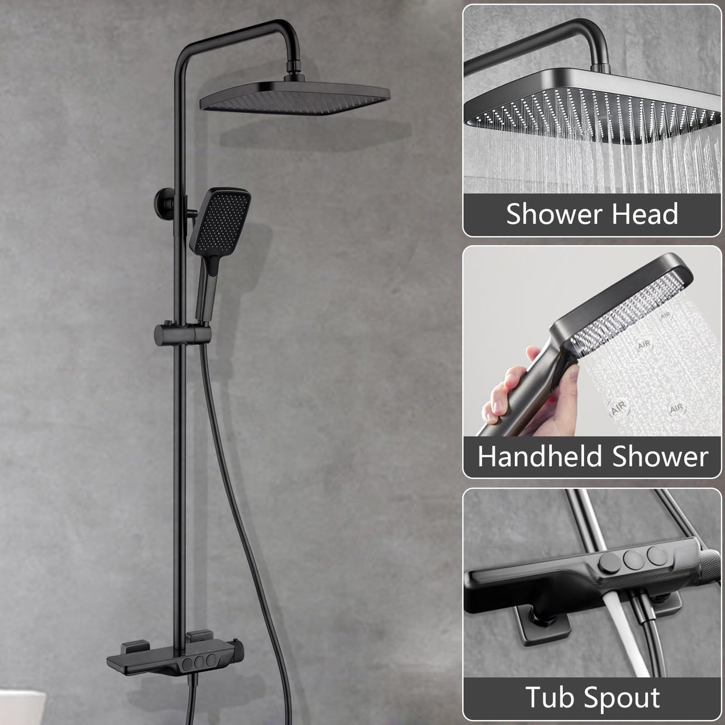 Colonne de Douche Thermostatique Mitigeur en Laiton Système de Douche avec 32 * 20CM Pommeau de Douche, Douchette 3 Fonctions, Robinet de Baignoire Ensemble de Douche Mural (Gris Pistolet)