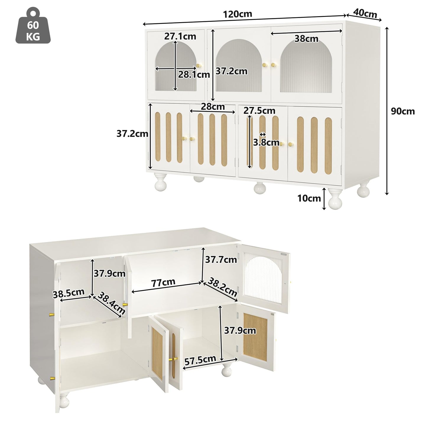 Buffet Salon Moderne, Longue Porte en Verre au Design Arc-en-ciel, Porte de Bar à clés de Piano, Pieds de Colonne Ronds, Armoire de Rangement Élégante, Armoire de Buffet au Design Unique, Blanc/Noir