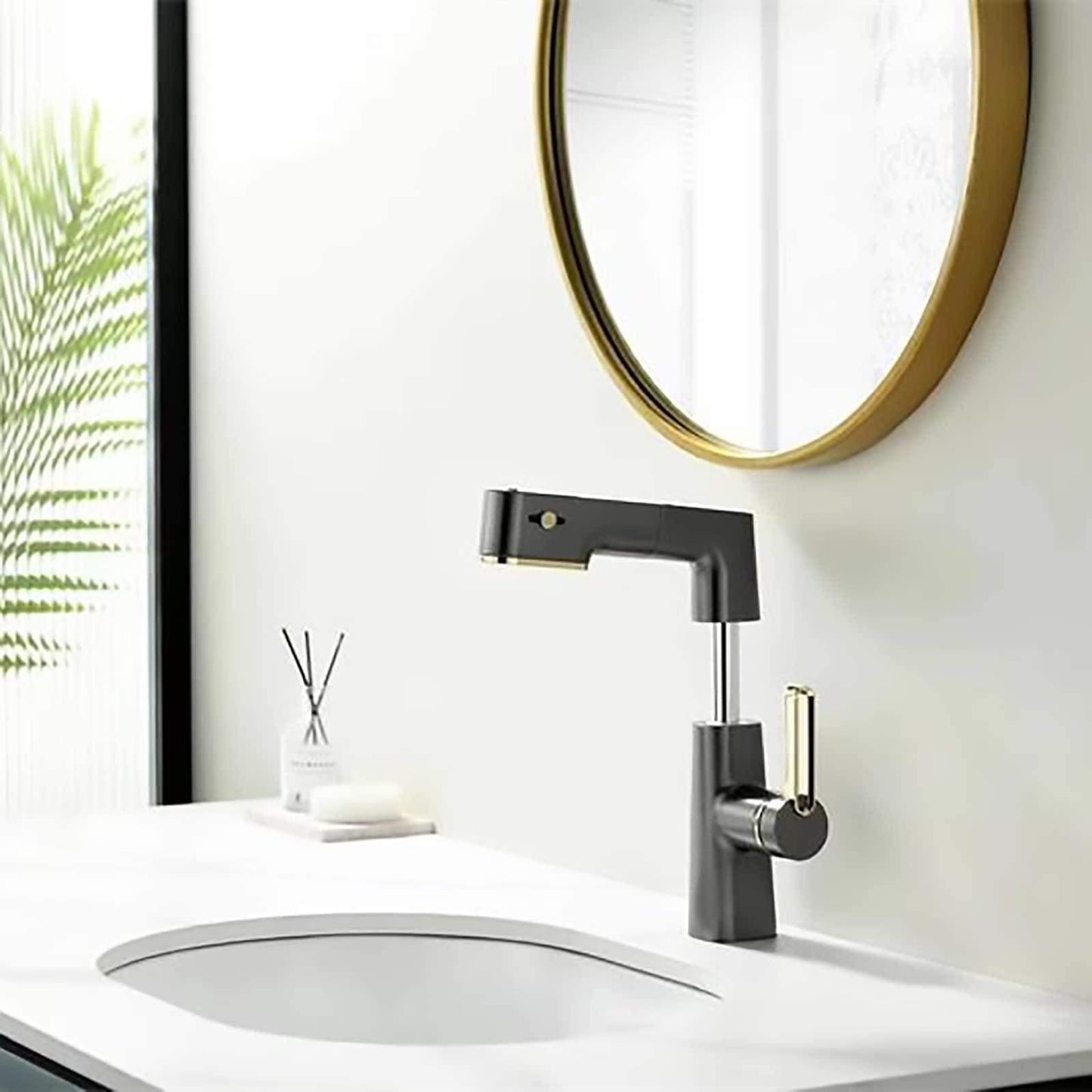 Robinet De Salle De Bain Avec PulvéRisateur Extractible, LED Affichage NuméRique De La TempéRature Rotation à 360 DegréS Robinet D'éVier De Salle De Bain Avec Trois Modes Gris