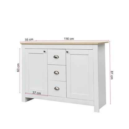 Buffet Bois Blanc Chaud avec 2 Portes et 3 Tiroirs, Meuble Buffet Simple et Élégant, Poignées Argentées, Étagère Réglable, Charnières à Fermeture Douce, pour Salon, Cuisine, Entrée, 116x35x81 cm