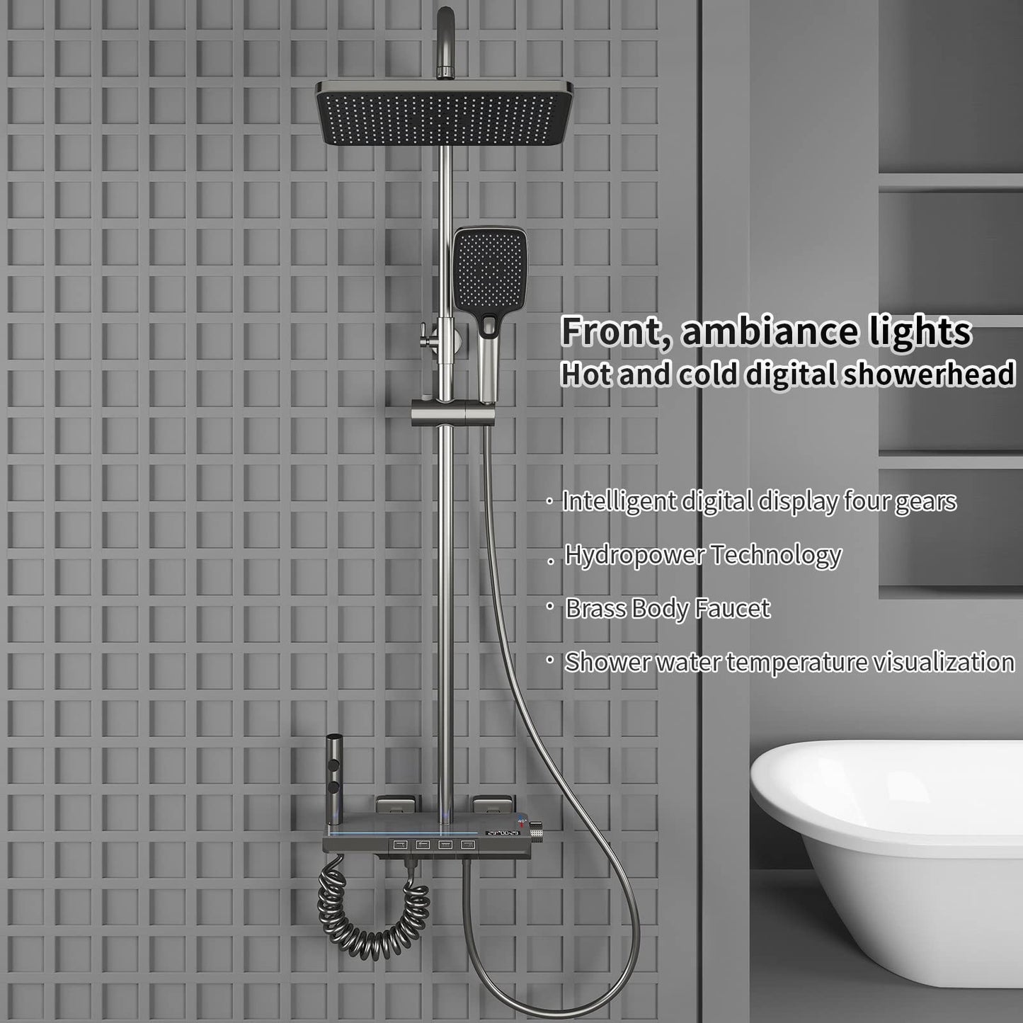 OihPaw Colonne De Douche,SystèMe De Douche Mural à Clé De Piano à Affichage NuméRique LED à 4 Fonctions, Avec 30x20cm Pommeau De Douche,Douchette,Robinet De Baignoire,PulvéRisateur De Bidet