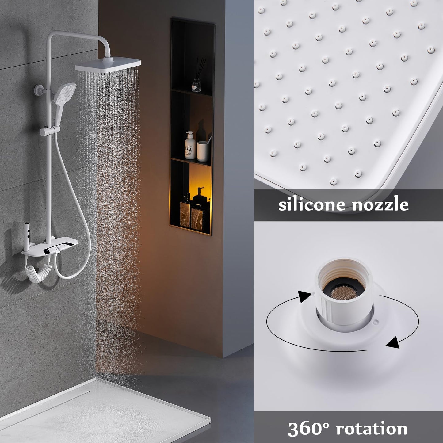 Colonne de Douche Thermostatique, Système de Douche avec Affichage Numérique LED Ensemble de Douche avec 32 * 20CM Pomme de Douche e Douchette à 3 Modes, Bec Baignoire, Bidet Douche (Blanc)