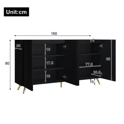 Buffet cuisine,Armoire multifonctionnelle,meuble de salon noir,Buffet moderne en bois,Buffet 4 portes,pieds dorés,bande de métal doré,Salon cuisine salle à manger meuble de rangement 160x38x80 cm