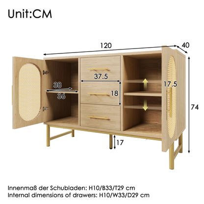SHUGUANG Buffet Salon Style Bohème avec 2 Portes en Rotin et 3 Tiroirs, Commode Cuisine, Vaisselier Chambre, Meuble de Rangement Bois, Étagères Réglables, Anti-basculement, 120 x 40 x 74 cm, Chêne