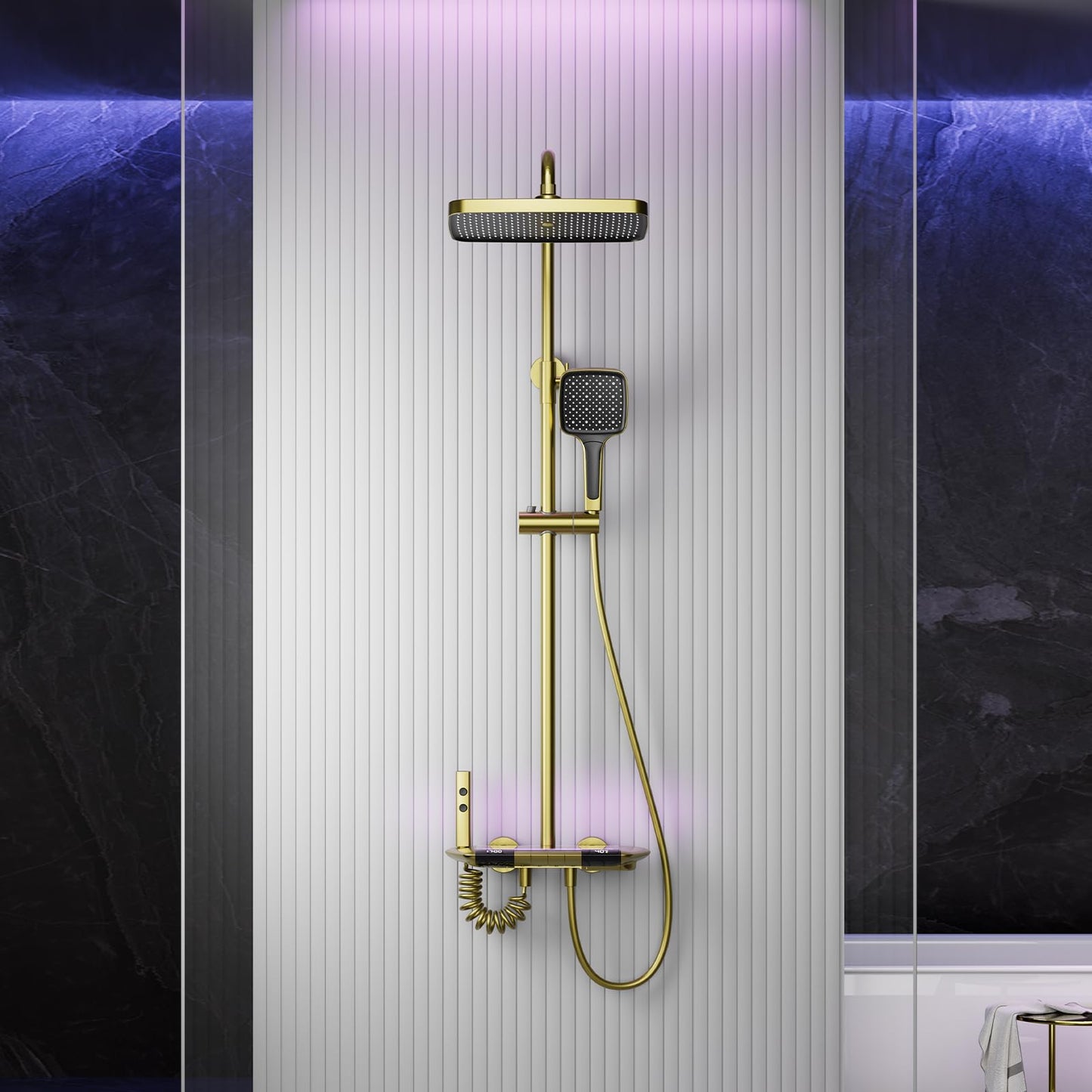 Colonne de Douche Dorée Brossé Thermostatique Mitigeur en Laiton Systeme de Douche Affichage Numérique LED Ensemble de Douche Pommeau De Douche, Douchette, Robinet De Baignoire