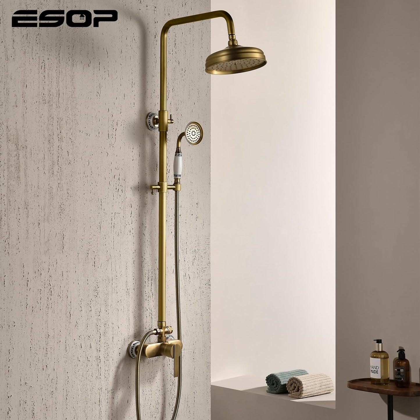 Colonne de Douche Rétro avec Mitigeur, Système de Douche Laiton Antique Ensemble de Douche Montage Mural Set de Douche avec Rotatif 20 cm Tête de Douche, Douchette à Mains
