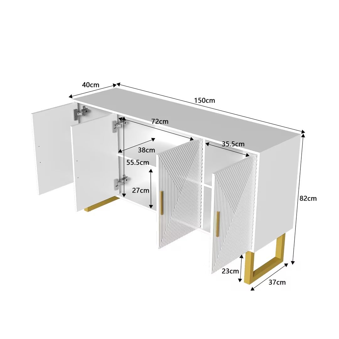 Buffet, meuble de rangement vertical Blanc, armoire multifonctionnelle, très grand espace de rangement, buffet avec portes brillantes et poignées dorées, design 4 portes, Buffet 150 x 40 x 82 cm