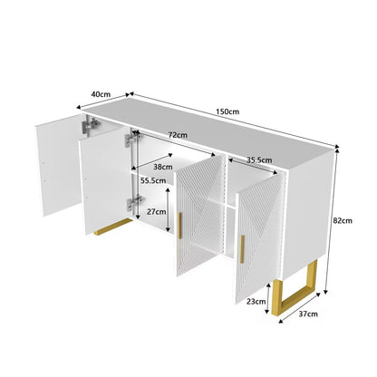 Buffet, meuble de rangement vertical Blanc, armoire multifonctionnelle, très grand espace de rangement, buffet avec portes brillantes et poignées dorées, design 4 portes, Buffet 150 x 40 x 82 cm