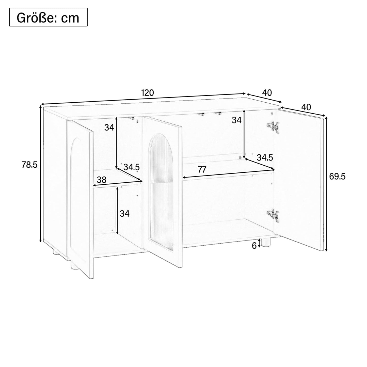 Buffet,Meuble de rangement,Armoire de Cuisine,Placard,avec 3 Portes,étagères réglables en hauteur,Buffet avec porte vitrée,Armoire de rangement avec pieds bois de caoutchouc peint,120 x 40 x 78.5 cm