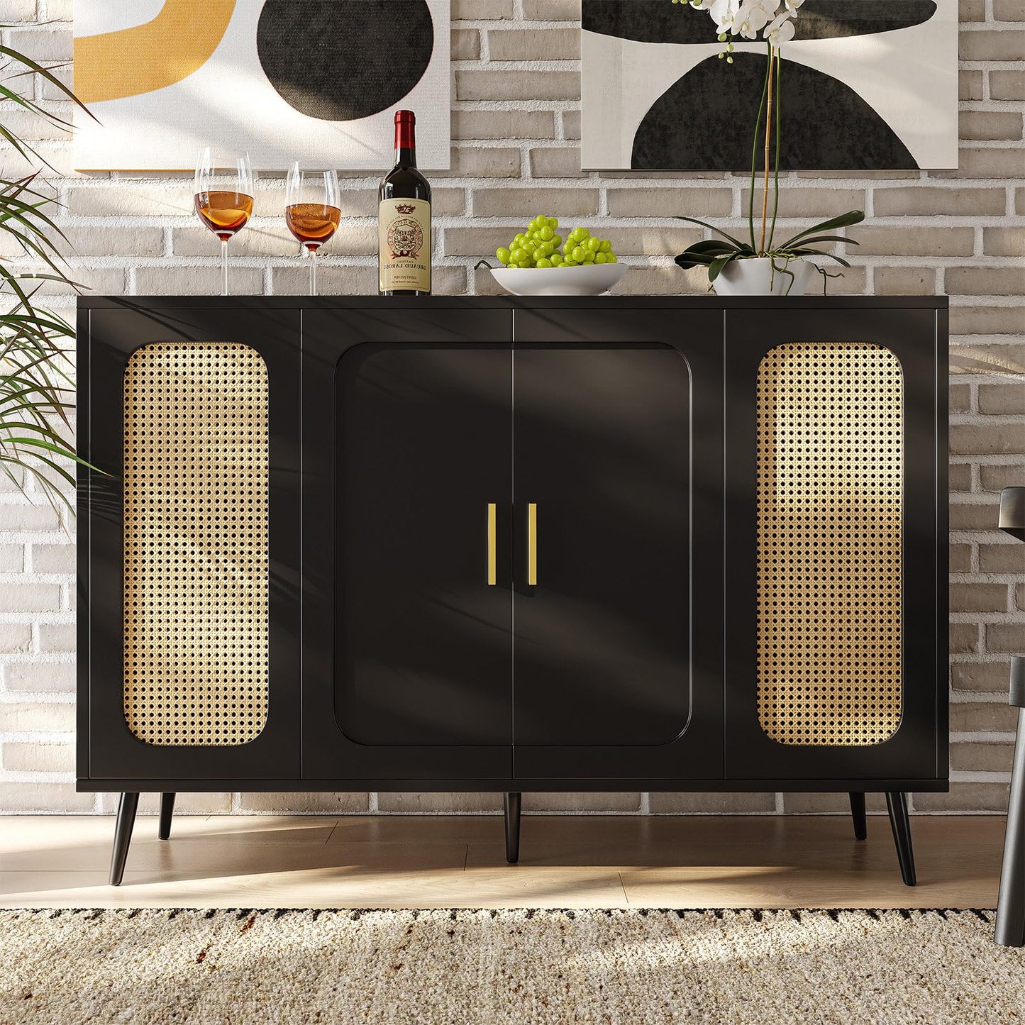 Buffet Cuisine, Meuble de Rangement, Commode 4 Portes, Armoire de Salon Porte D'armoire en Rotin, Bibliothèque Anti-Basculement, Étagères Réglables, Porte Blister, 120 x 89 x 35 cm (L/H/P), Noir