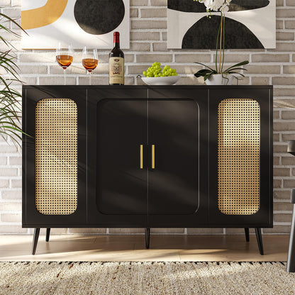 Buffet Cuisine, Meuble de Rangement, Commode 4 Portes, Armoire de Salon Porte D'armoire en Rotin, Bibliothèque Anti-Basculement, Étagères Réglables, Porte Blister, 120 x 89 x 35 cm (L/H/P), Noir