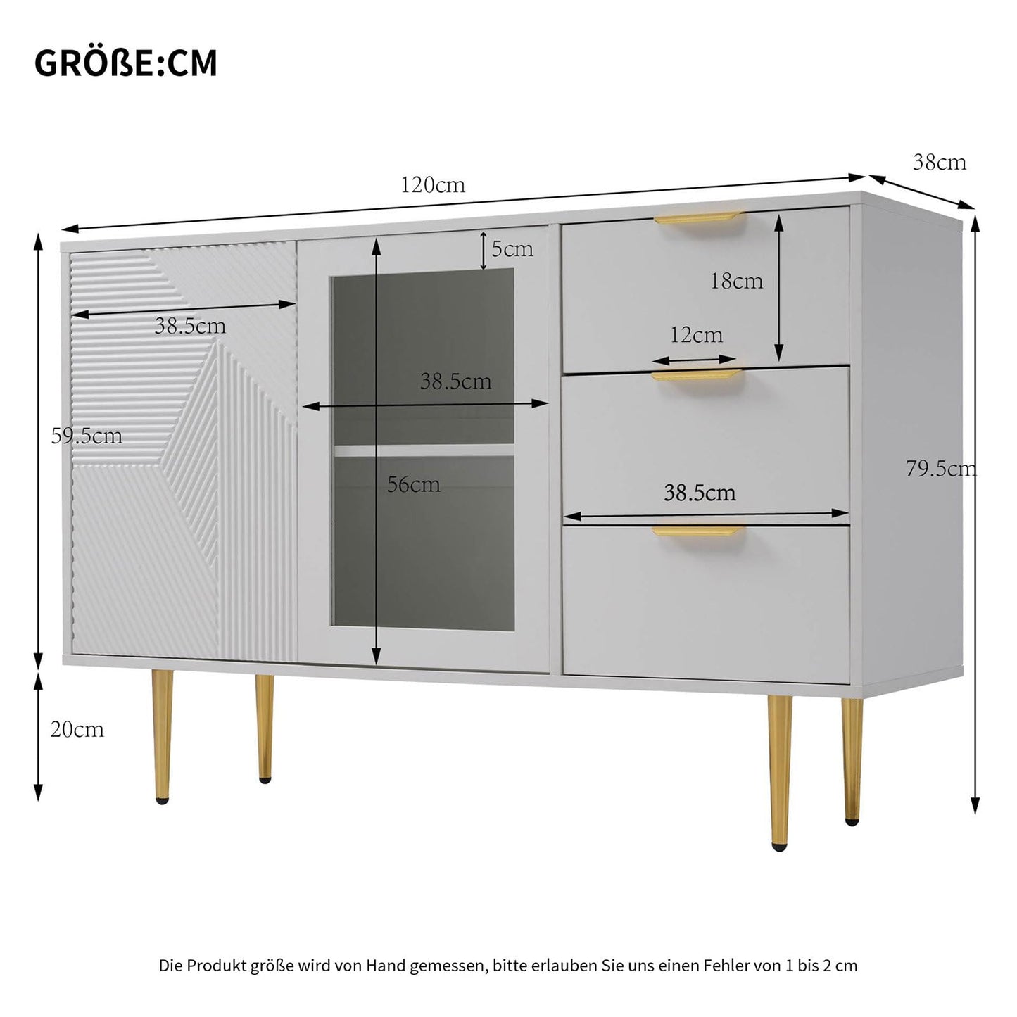 Meuble de Rangement, Buffet Cuisine 2 Portes 3 Tiroirs, Commode Conception sans Poignée, Armoire de Salon Anti-Basculement, Bibliothèque Portes en Verre et Pieds en Métal, 120 x 38 x 79.5cm