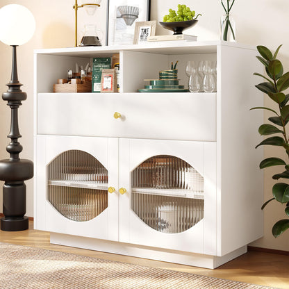 Sideboard Mit Glastür, Küchenschrank Mit Schublade aus PU-Leder, Kommode Modern, Mehrzweckschrank für Wohnzimmer, Esszimmer, Hohe Tragfähigkeit, 100 x 90.5 x 40 cm (B/H/T)