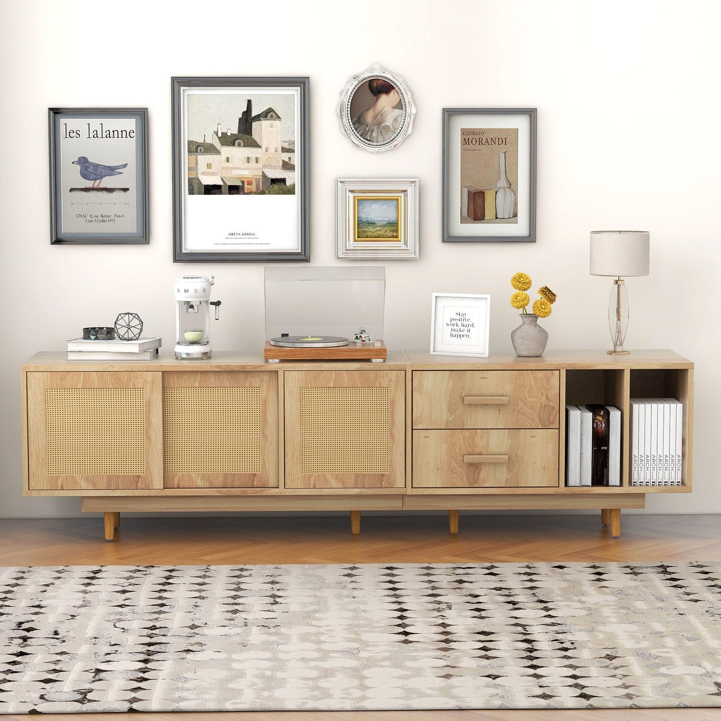 Meuble TV de Style Bohème en Rotin pour Téléviseurs de 80 Pouces, Meubles TV Bois, Banc TV Rustique avec 2 Casiers, 2 Tiroirs, 2 Étagères Ouvertes, Chambre Meuble Salon, 190x40x52 cm, Chêne Naturel