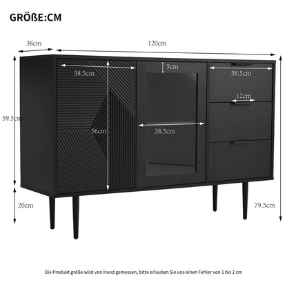 Meuble de Rangement, Buffet Cuisine 2 Portes 3 Tiroirs, Commode Conception sans Poignée, Armoire de Salon Anti-Basculement, Bibliothèque Portes en Verre et Pieds en Métal, 120 x 38 x 79.5cm