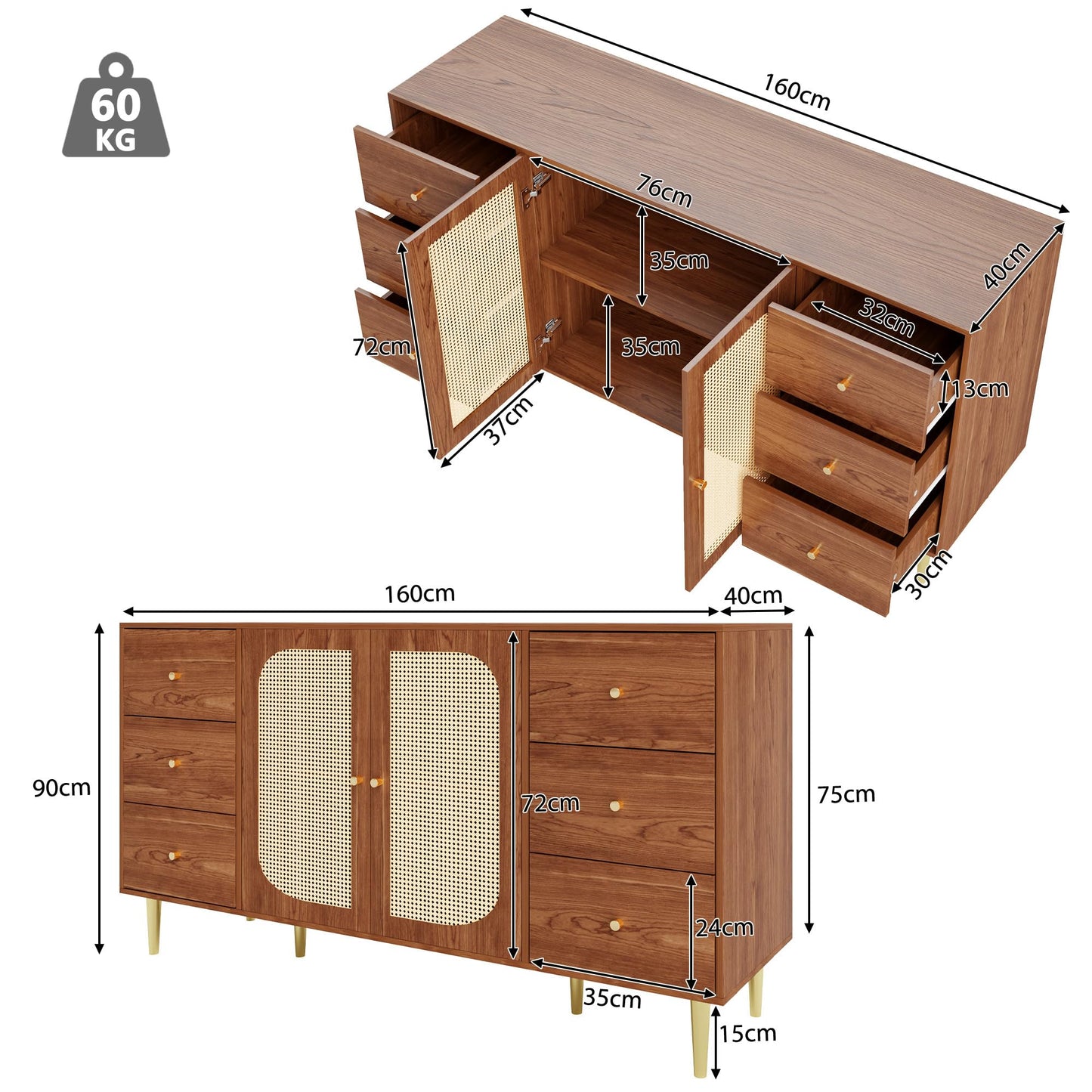 SHUGUANG Buffet Salon Marron, Meuble de Rangement Rétro Élégant en Rotin, Commode pour Chambre à Coucher, avec 3 Tiroirs et 2 Portes, Meuble en Bois Indépendant, Buffet de Cuisine, 160 x 40 x 90 cm